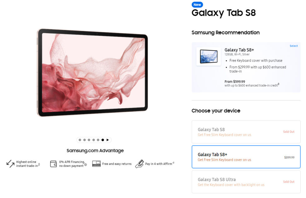 Samsung-website.  Zoals je rechtsonder kunt zien is alles behalve de Tab S8+ uitverkocht.