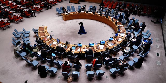 BESTANDSFOTO: Een overzicht van de vergadering van de Veiligheidsraad van de Verenigde Naties na de Russische invasie van Oekraïne, op het hoofdkwartier van de Verenigde Naties in Manhattan, New York City, New York, VS 28 februari 2022. 