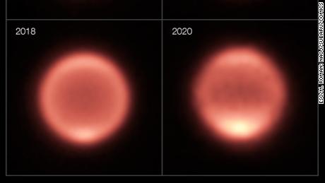 Op de zuidpool van Neptunus is tussen 2018 en 2020 meer helderheid te zien, wat wijst op een opwarmingstrend. 