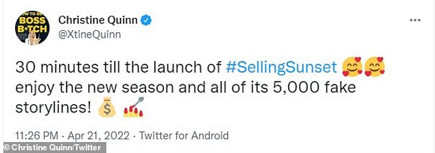 Afgelopen donderdag tweette Kristen - die 3,1 miljoen volgers heeft op sociale media -: 30 minuten tot de lancering van #SellingSunset!  Geniet van het nieuwe seizoen en al zijn 5.000 nep-evenementen! 