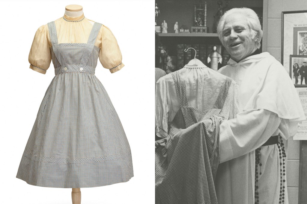 De jurk, compleet met een bordeauxrode blouse met korte mouwen en Garland's naam op een label aan de binnenkant, was een geschenk van actrice Mercedes McCambridge aan Hartke's oom Reverend Gilbert Hartke.
