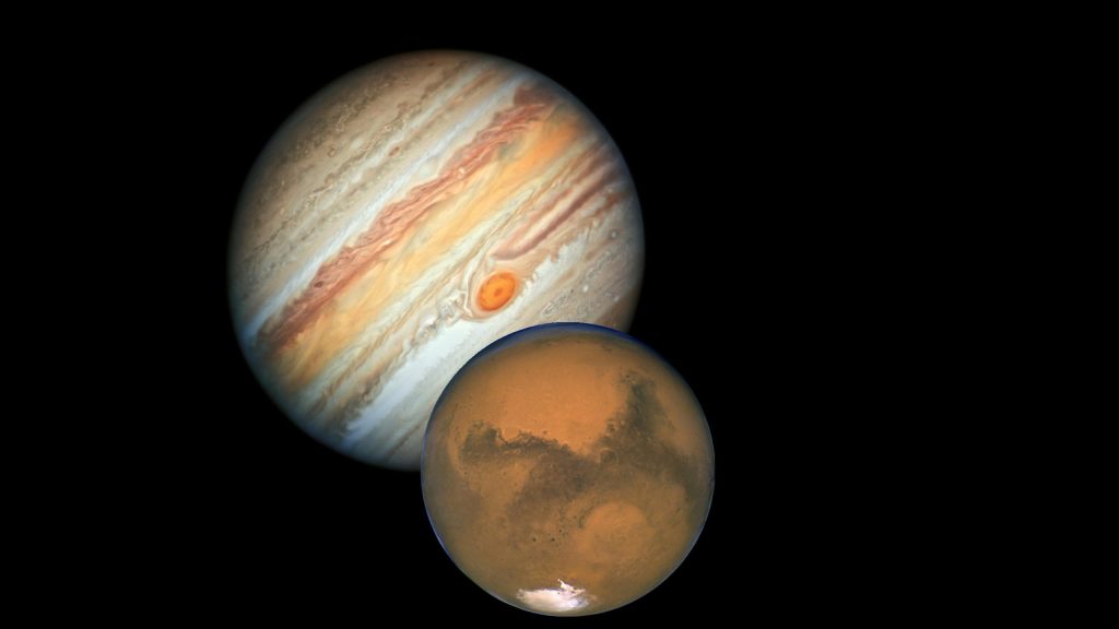 Hoofdaanzicht van de conjunctie van Mars en Jupiter