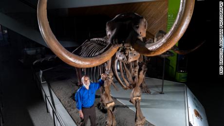 Il paleontologo dell'Università del Michigan Daniel Fisher posa con lo scheletro composito di un mastodonte Basking.