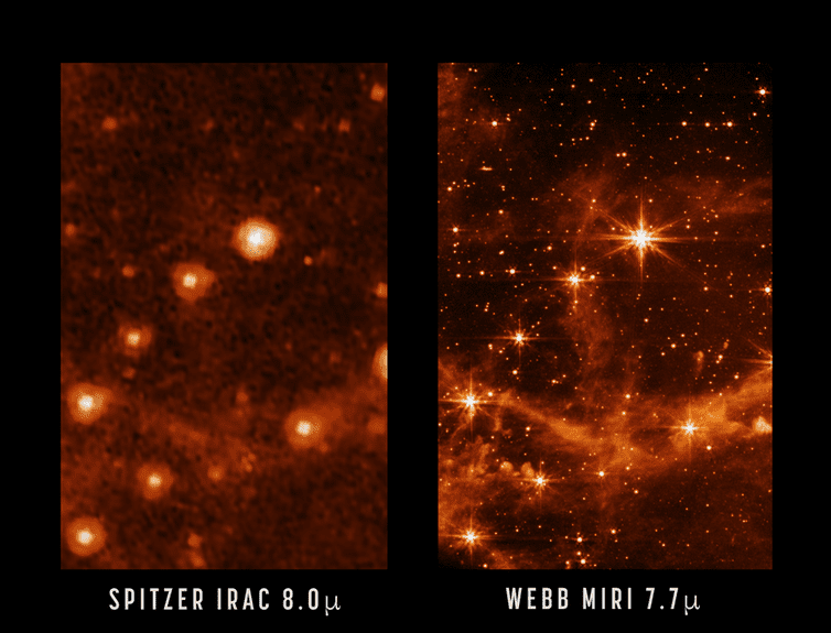 Two images show an entangled web of stars and dust, but the image to the right is much clearer.