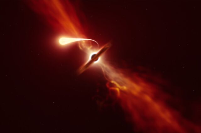 Artistieke impressie van een ster die geleidelijk wordt verstoord door de sterke aantrekkingskracht van een superzwaar zwart gat.