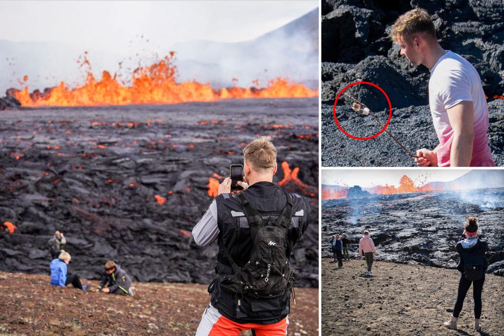 Toerist roostert marshmallows op actieve vulkaan IJsland