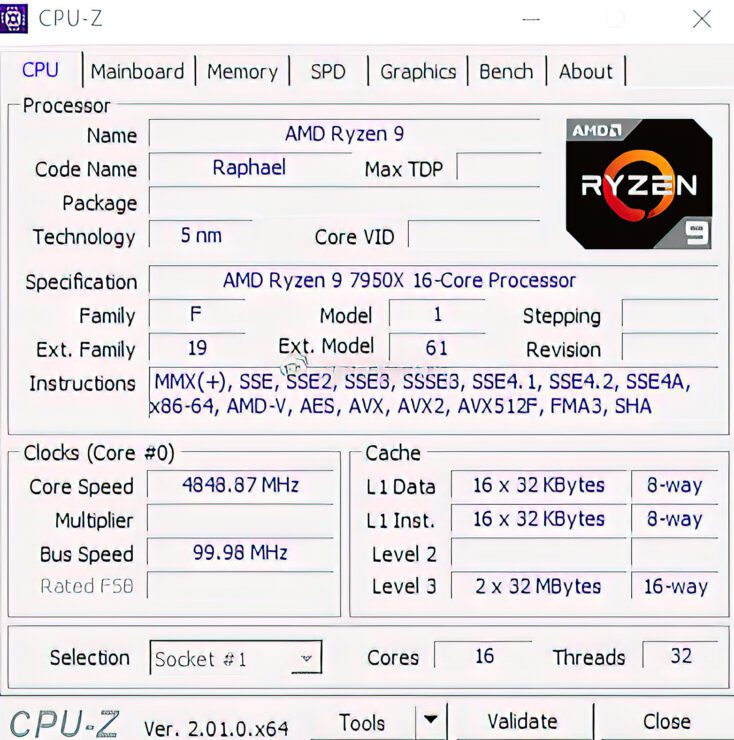 Флагманский процессор AMD Ryzen 9 7950X Zen 4 может достигать 5,85 ГГц