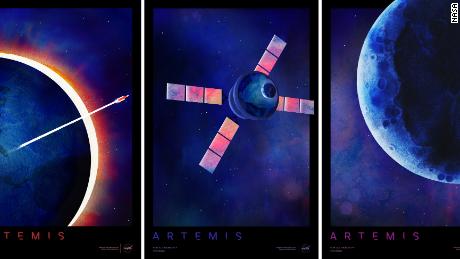 Nieuwe posters van NASA tonen verschillende stadia van Artemis I's reis.