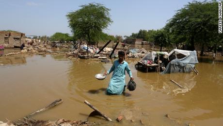 A man searches for valuables from his flooded house in Shikarpur district of Pakistan's Sindh province on Thursday.