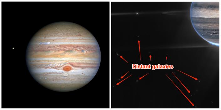 Vage vlekken op de achtergrond van Jupiters webafbeeldingen zijn sterrenstelsels.