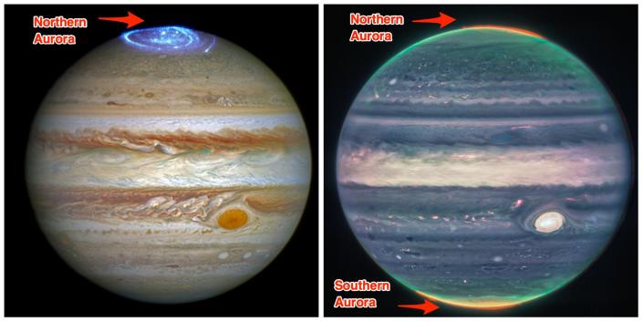 Hubble-afbeelding van Jupiter (links) JWST-afbeelding van Jupiter (rechts)