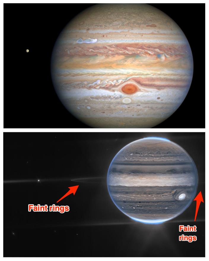 Hubble-afbeelding van Jupiter (boven) JWST-afbeelding van Jupiter (onder)
