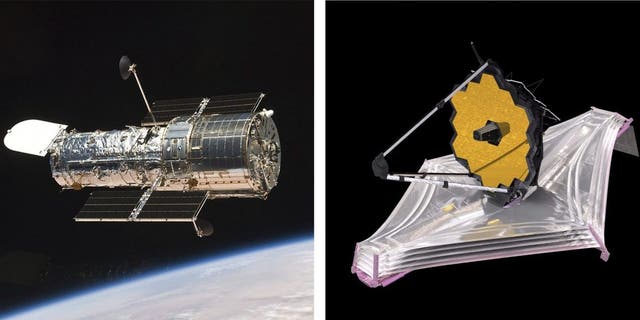 Deze reeks afbeeldingen die door NASA beschikbaar is gesteld, toont de in een baan om de aarde draaiende Hubble-ruimtetelescoop