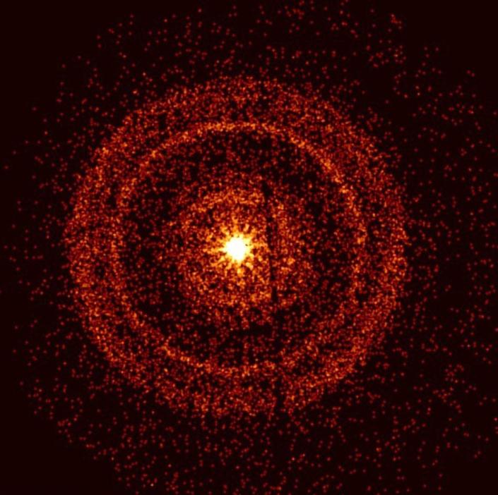 Felgele gammastralen explodeerden omringd door ringen van rode stippen