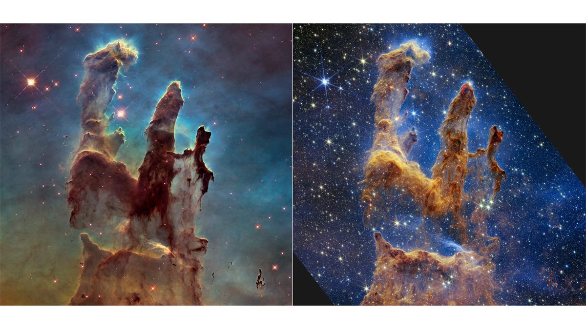 De pijlers van de schepping zoals gezien door de Hubble-telescoop (links) en de Webb-telescoop (rechts)