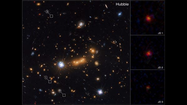 gif vergelijkt hubble- en jwst-afbeeldingen van dezelfde cluster van sterrenstelsels die nieuwe sterrenstelsels erachter projecteren