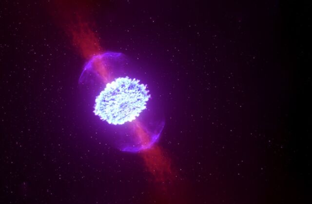 Wanneer neutronensterren samensmelten, kunnen ze radioactieve uitstoten produceren die een kilonova-signaal aandrijven.  Een recent waargenomen gammastraaluitbarsting bleek te duiden op een voorheen onopgemerkte hybride gebeurtenis waarbij een kilonova betrokken was.